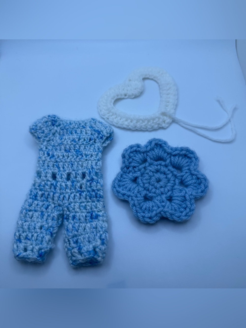 Vtg Handmade Crochet Doll Clothes Blue Romper Accessories Lot heart scrapbook